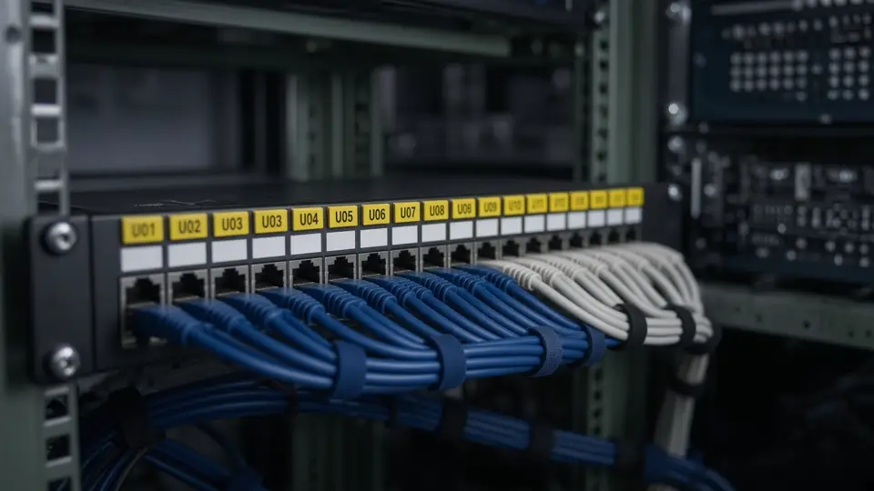 Gelabeld CAT6A-patchpanel met gebundelde datakabels.