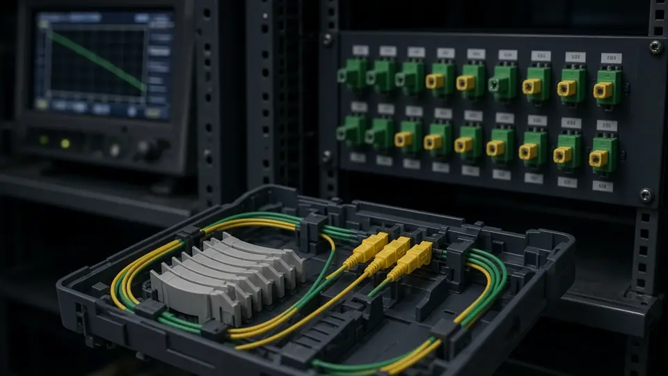 Glasvezel-splicebak met LC-pigtails in een rack.