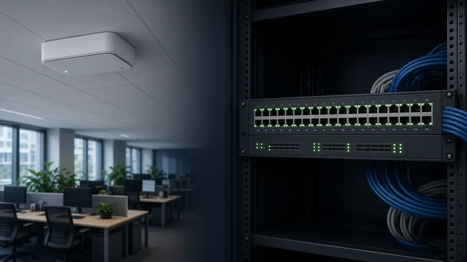 Plafond-AP en PoE-switch met status-LED's.