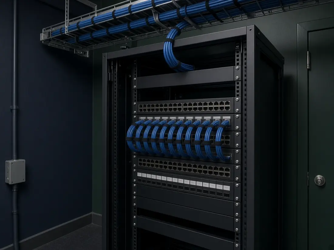 Comms-kast met gelabelde CAT6A-bundels in een kantoor.