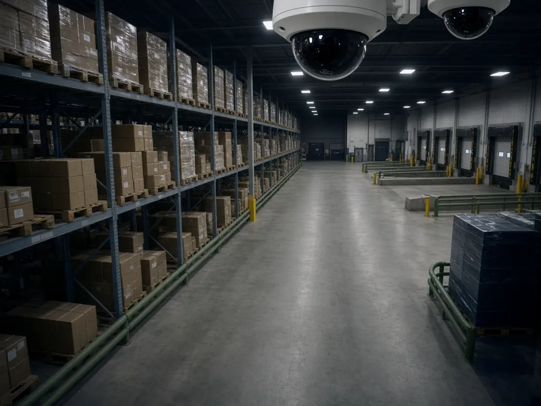 Koepelcamera's boven een packing-aisle in een fulfilmenthal.